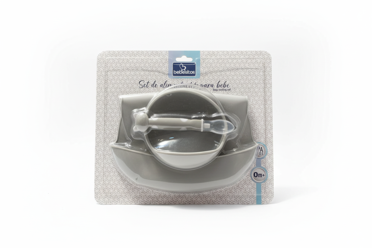 Set alimentacion plato babero cuchara bebe niño niña bebesitos gris
