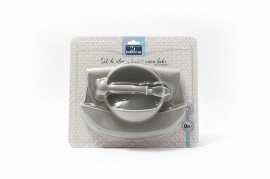 Set alimentacion plato babero cuchara bebe niño niña bebesitos gris