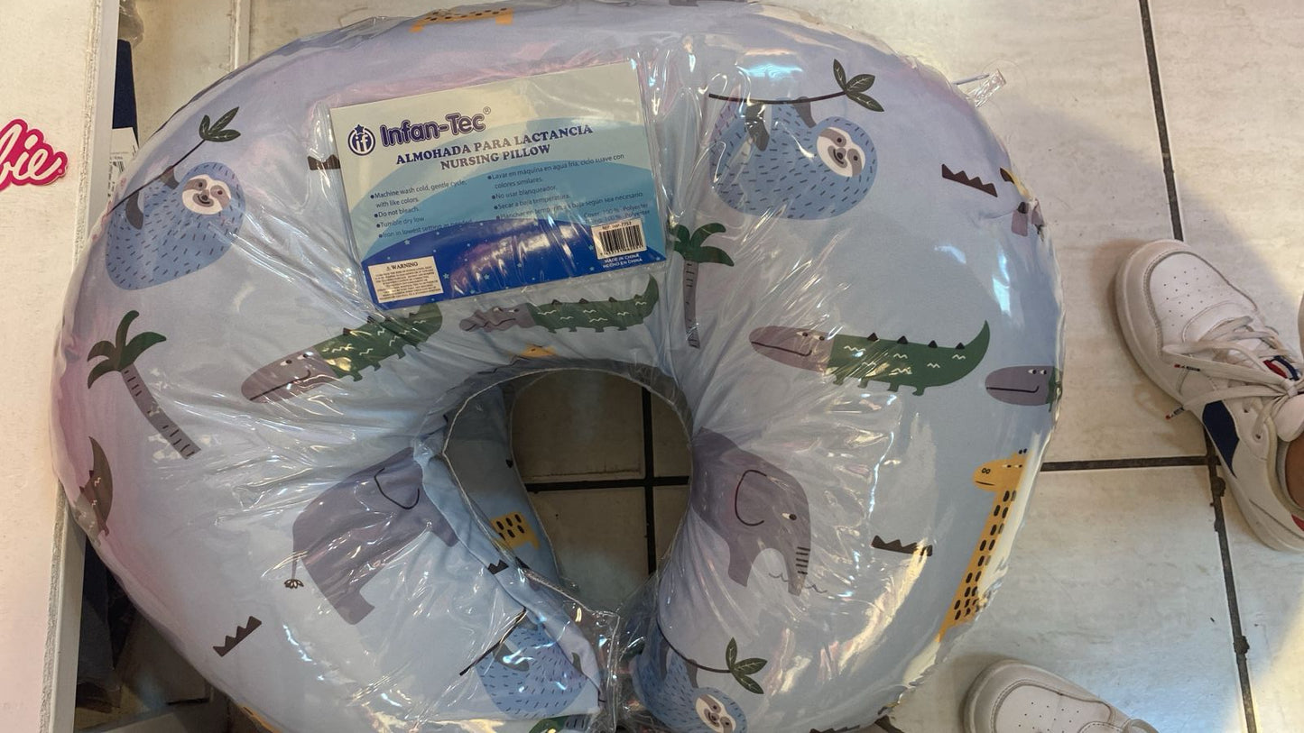 Dona almohada para lactancia Infan-Tec azul palmera cocodrilo koala jirafa bebe niño