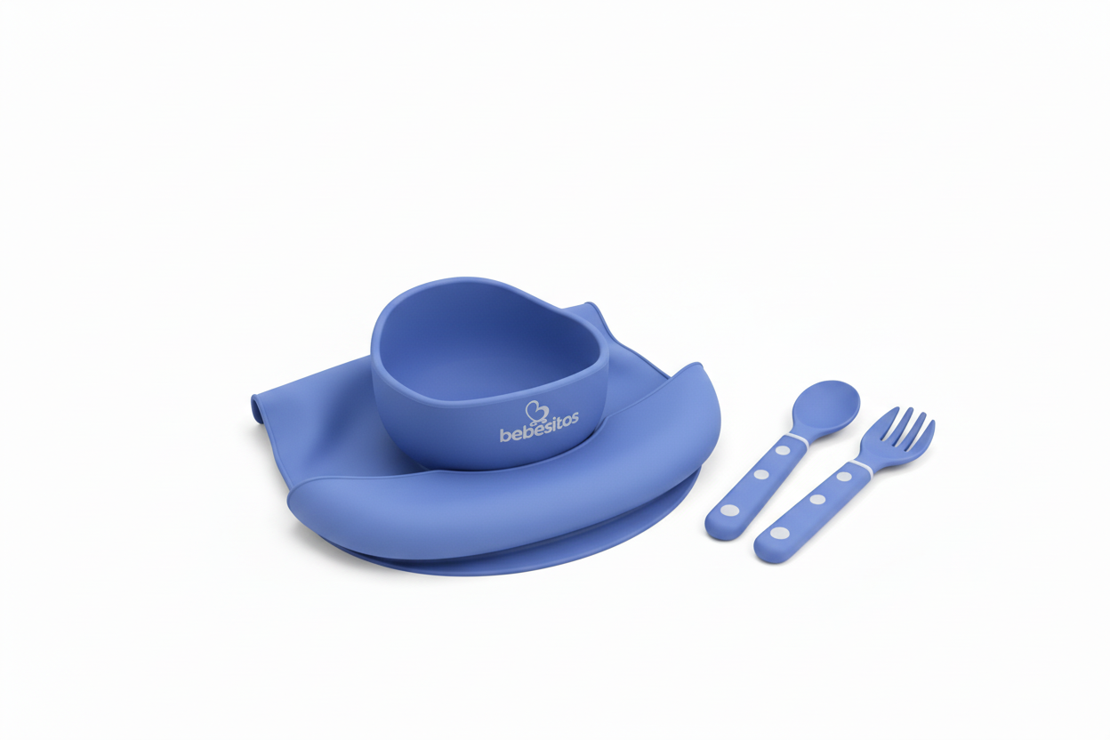 Set plato alimentación azul cuchara bebe niño niña bebedizos