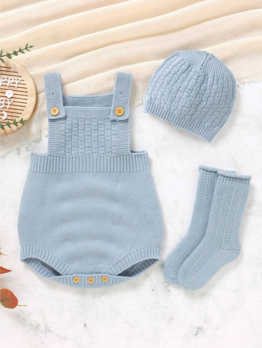 Set 3 piezas overall gorro calcetines bebe niño azul celeste sa2403114111418442