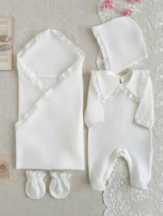 Set 4 piezas mameluco gorro sabana calcetines blancos bebe niño niña sa25053093537227322