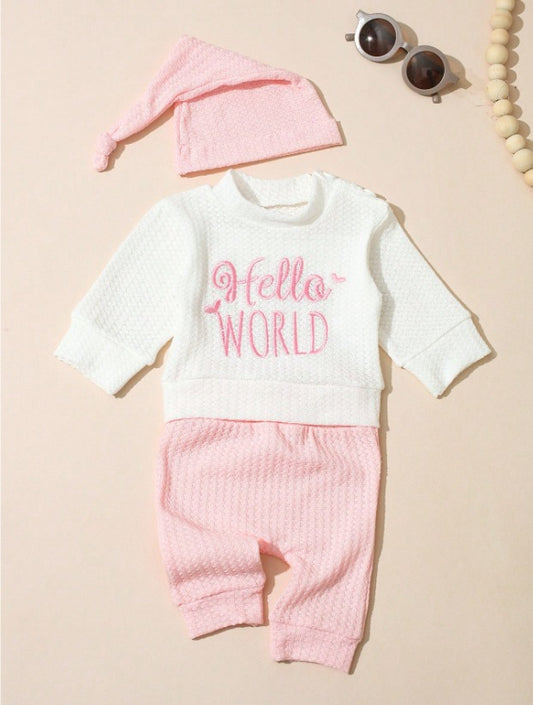 Set 3 piezas gorro camisa pantalon rosasdo blanco bebe niña sa251025577315619754