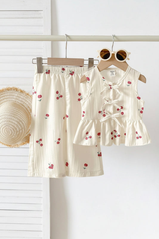 Set conjunto 2 piezas camisa blanca pantalon blanco cerezas bebe niña cherry sa251202664404403033