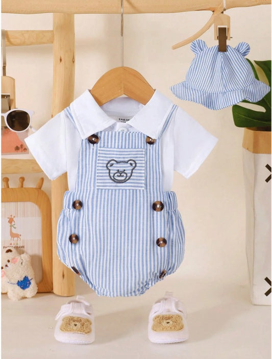Set 3 piezas overall azul camisa blanca gorro azul bebe niño sa25021442393828928