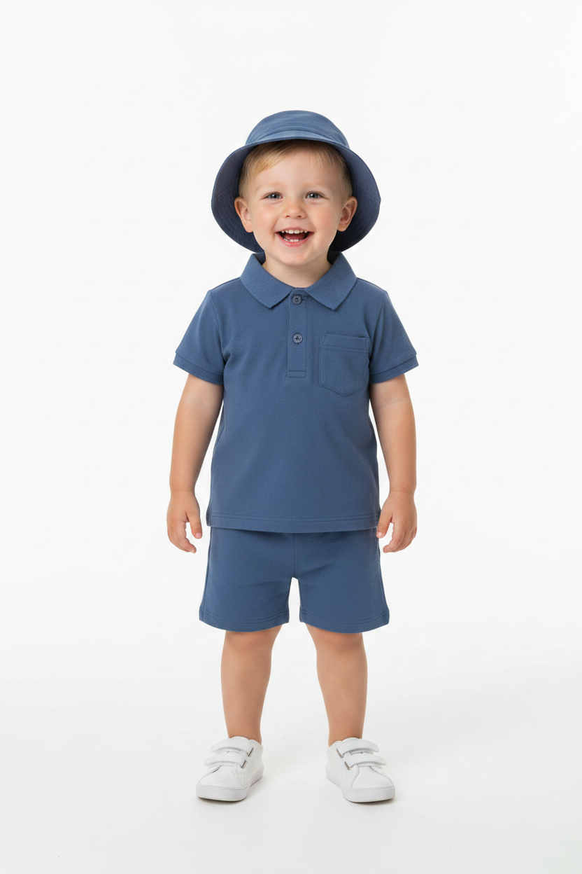 Set 3 piezas camisa short gorro azul bebe niño S110394GB