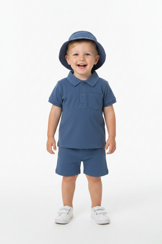 Set 3 piezas camisa short gorro azul bebe niño S110394GB