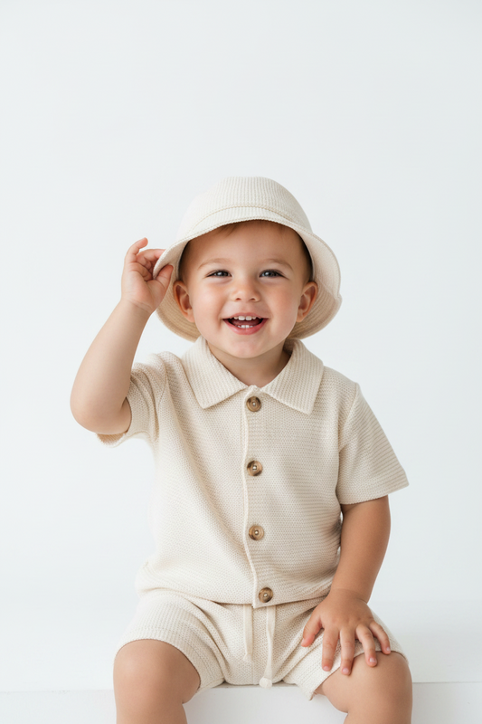 Set 3 piezas camisa short gorro beige bebe niño S110394GB