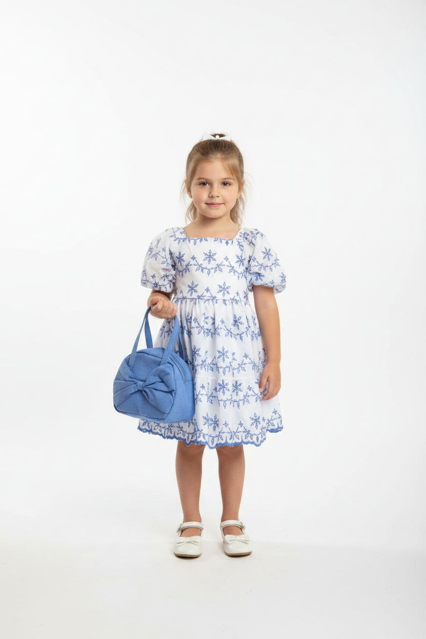 Vestido blanco azul con cartera