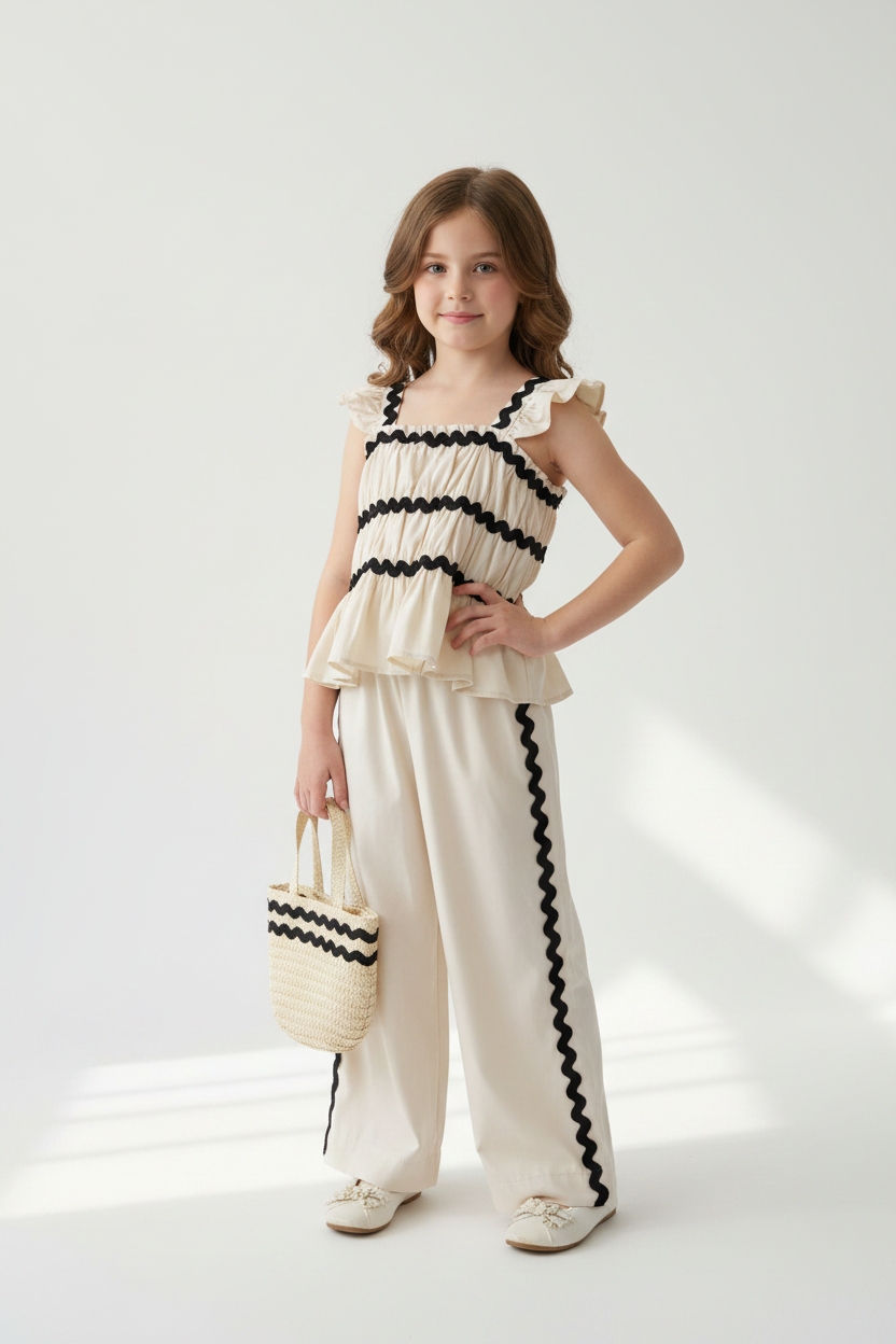 Set conjunto 2 piezas camisa blusa pantalon cartera beige niña