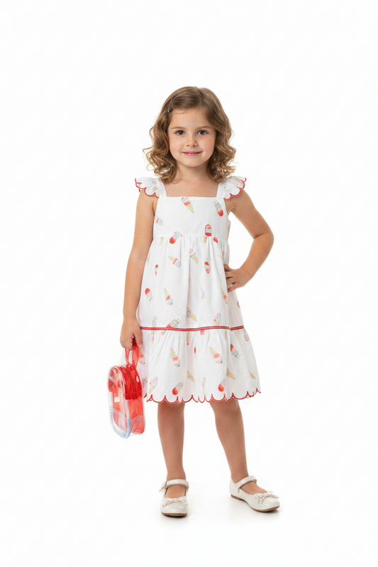 Vestido blanco cartera roja paletas niña