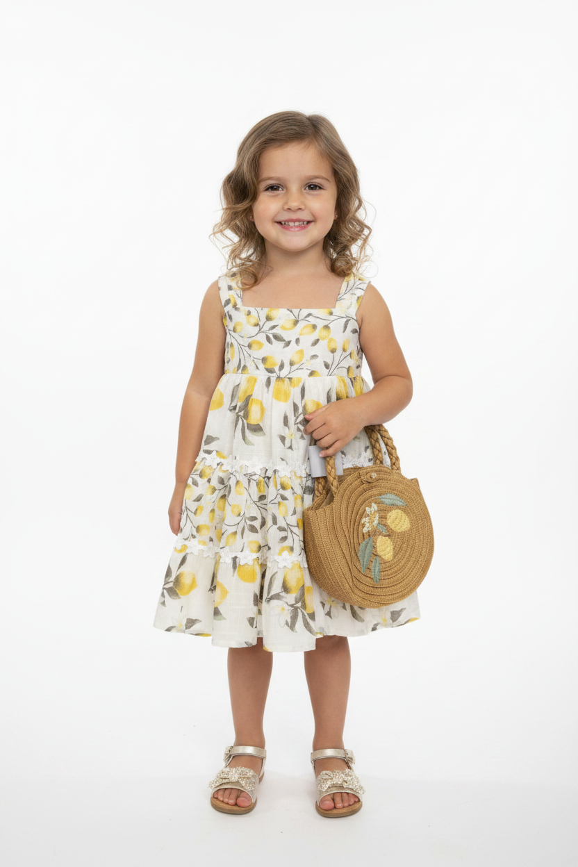 Vestido beige limones cartera beige