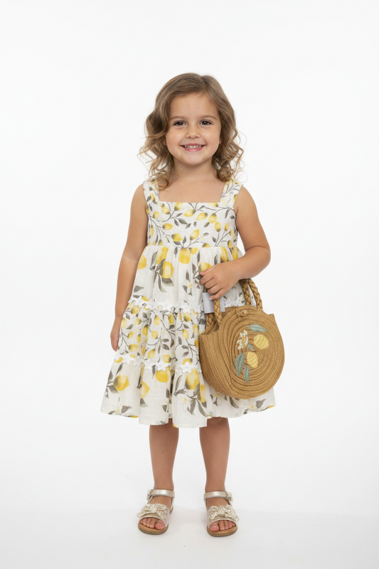Vestido beige limones cartera beige