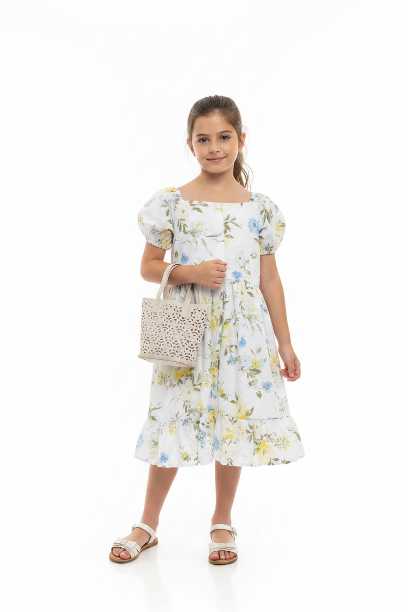 Vestido blanco floreado con cartera