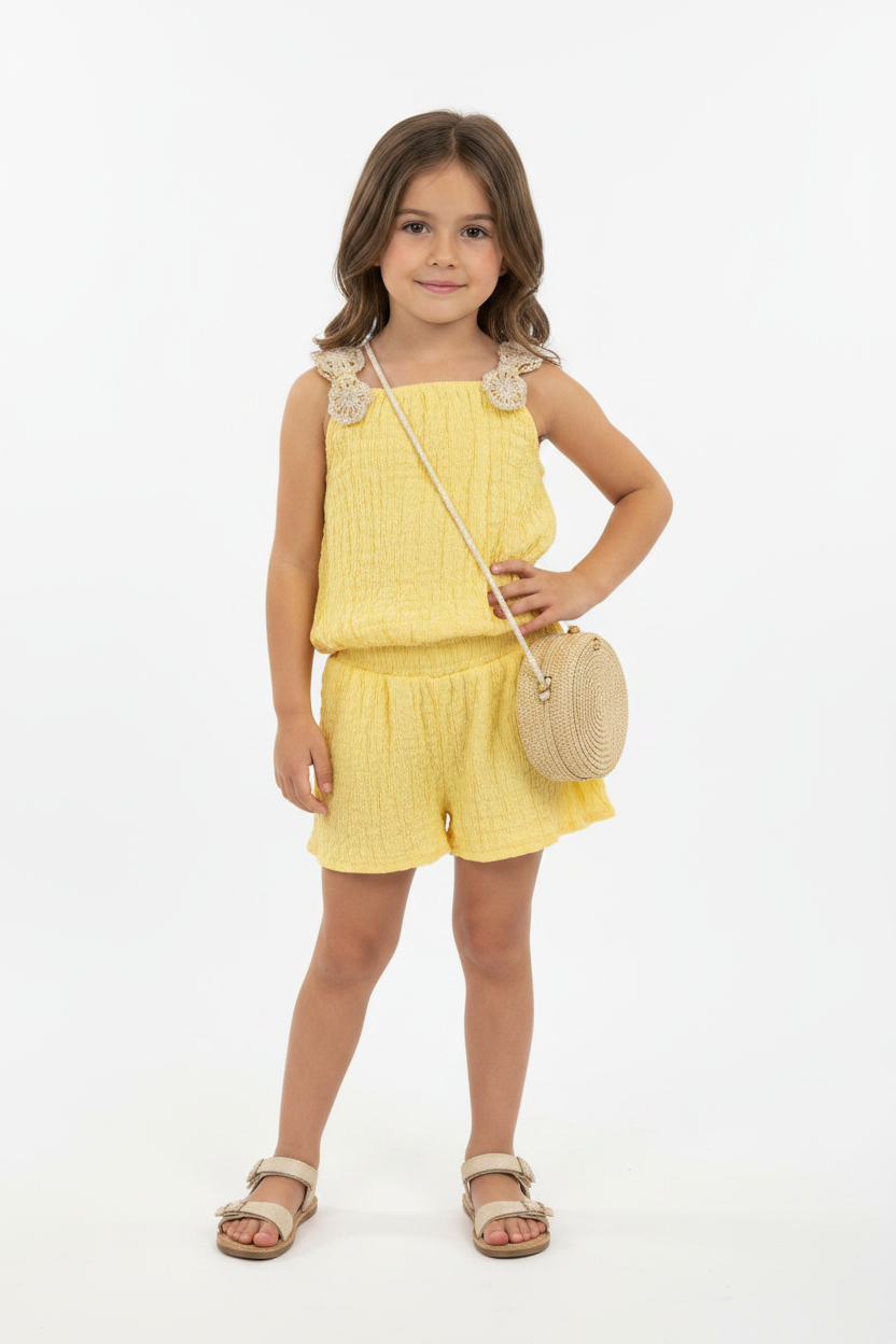 Set conjunto 2 piezas camisa short amarilla cartera