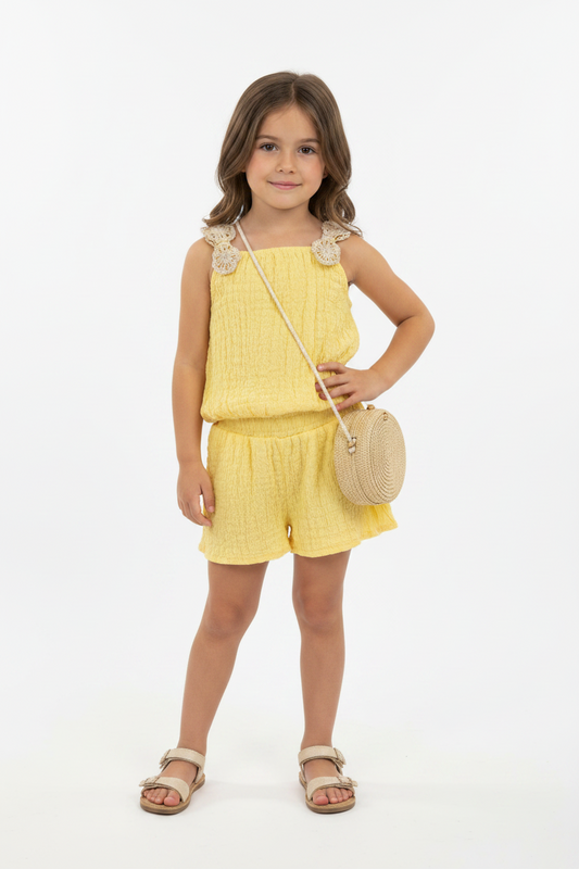 Set conjunto 2 piezas camisa short amarillo cartera beige