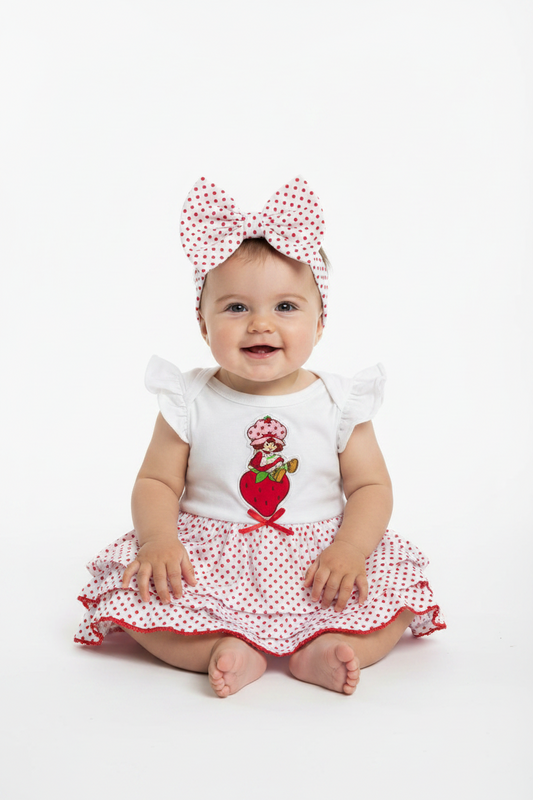 Vestido blanco rojo fresa fresita diadema