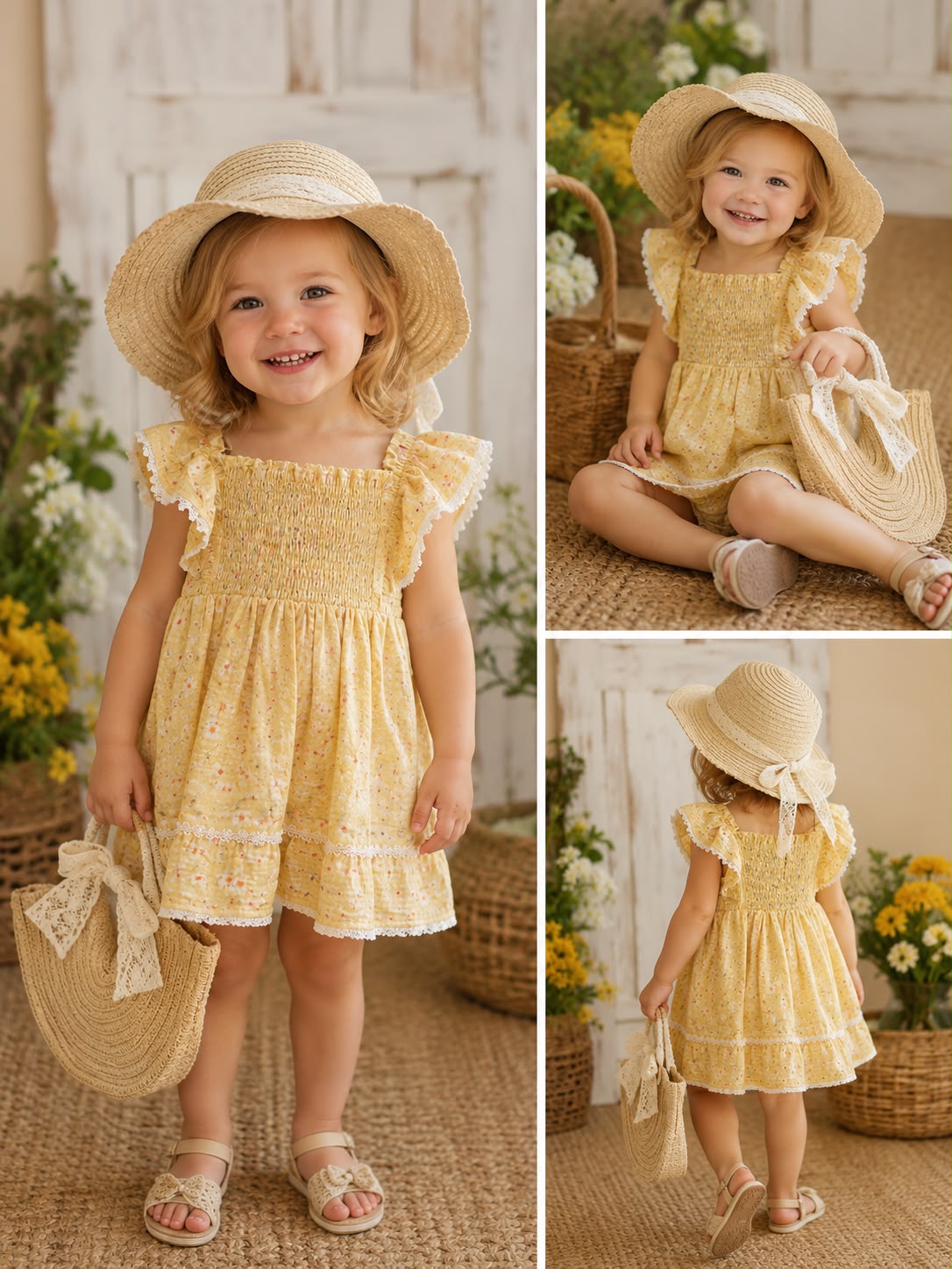 Vestido amarillo cartera sombrero beige niña