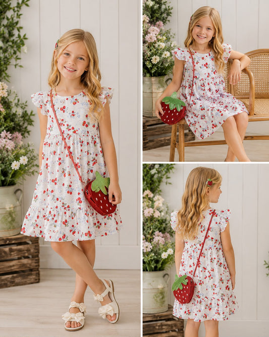 Vestido blanco rojo cartera roja fresas niña