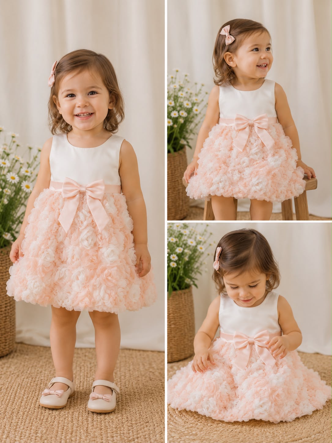 Vestido blanco rosado gala chongo niña
