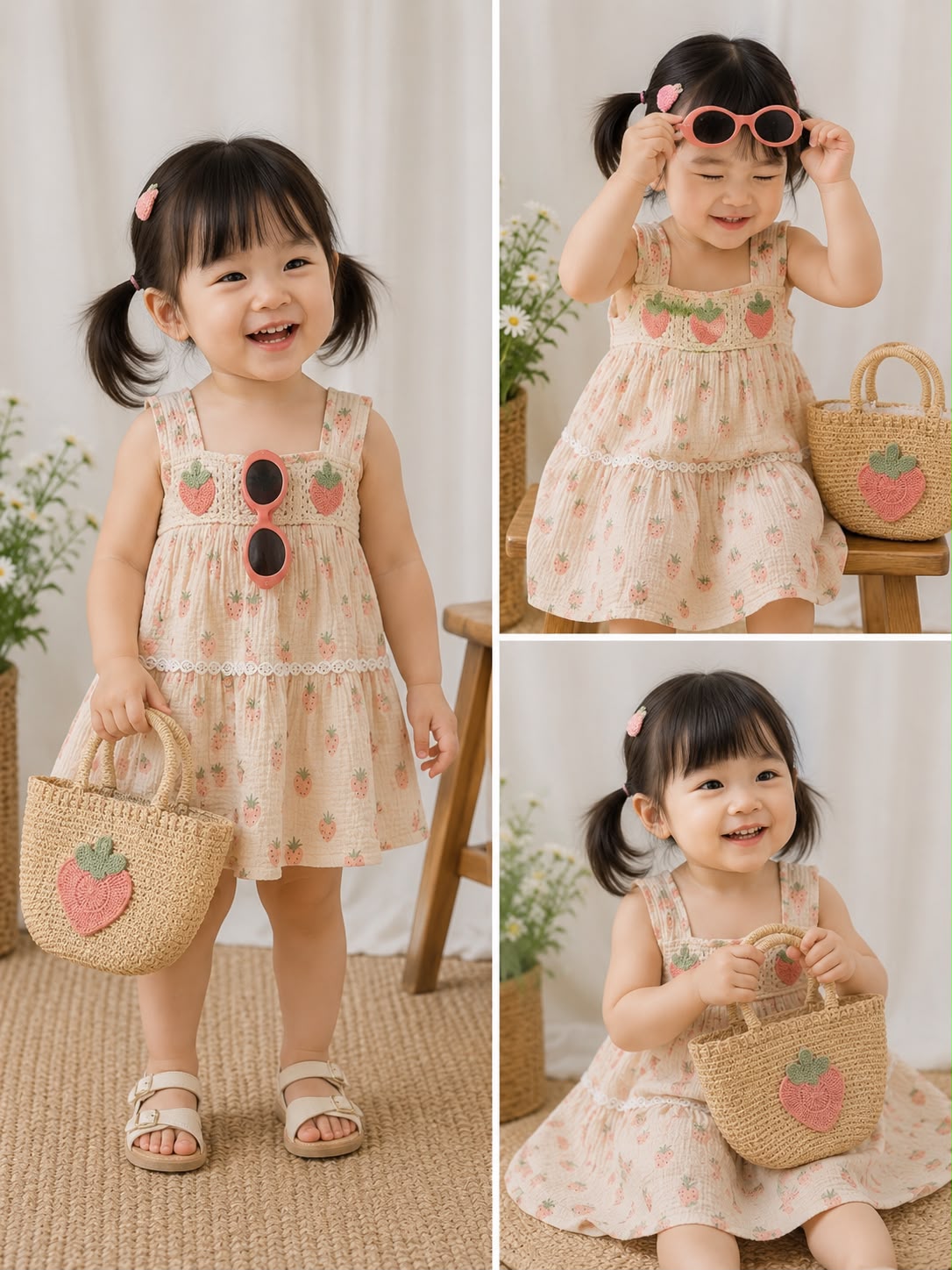 Vestido beige rosado fresas cartera lentes fresa niña