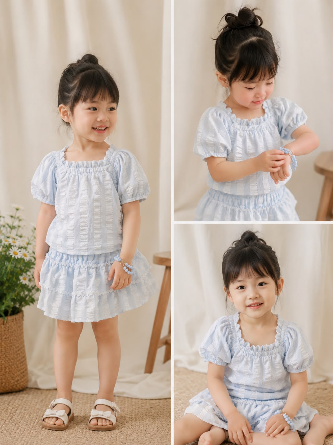 Set 3 piezas camisa short azul chongo llavero azul niña