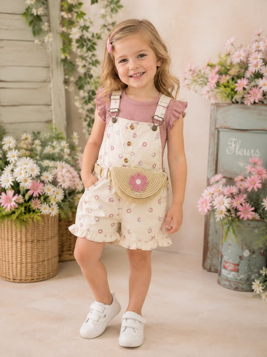 Set conjunto 3 piezas overall cartera beige niña