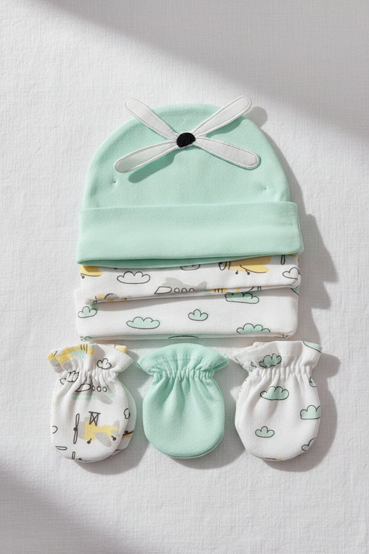 Set gorro chongo guantes manoplas verde blanco bebe niño 81526