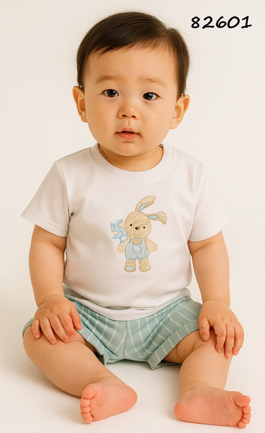 Set conjunto 2 piezas camisa conejo blanca short azul cuadros bebe niño 82601