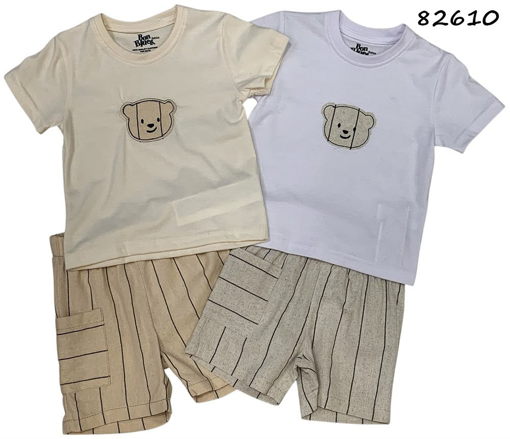 Set conjunto 2 piezas camisa beige short beige osito bebe niño 82610