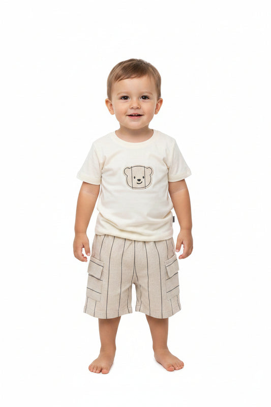 Set conjunto 2 piezas camisa beige short beige osito bebe niño 82610