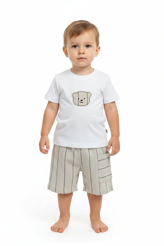 Set conjunto 2 piezas oso osito camisa blanca short beige bebe niño 82610