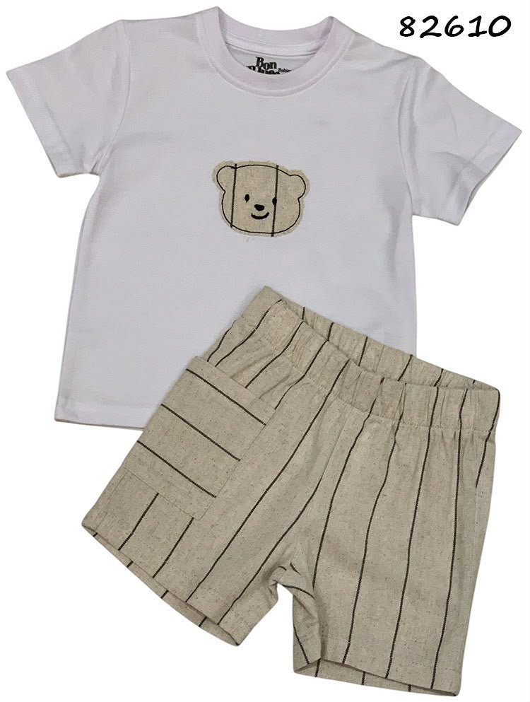 Set conjunto 2 piezas camisa beige short beige osito bebe niño 82610
