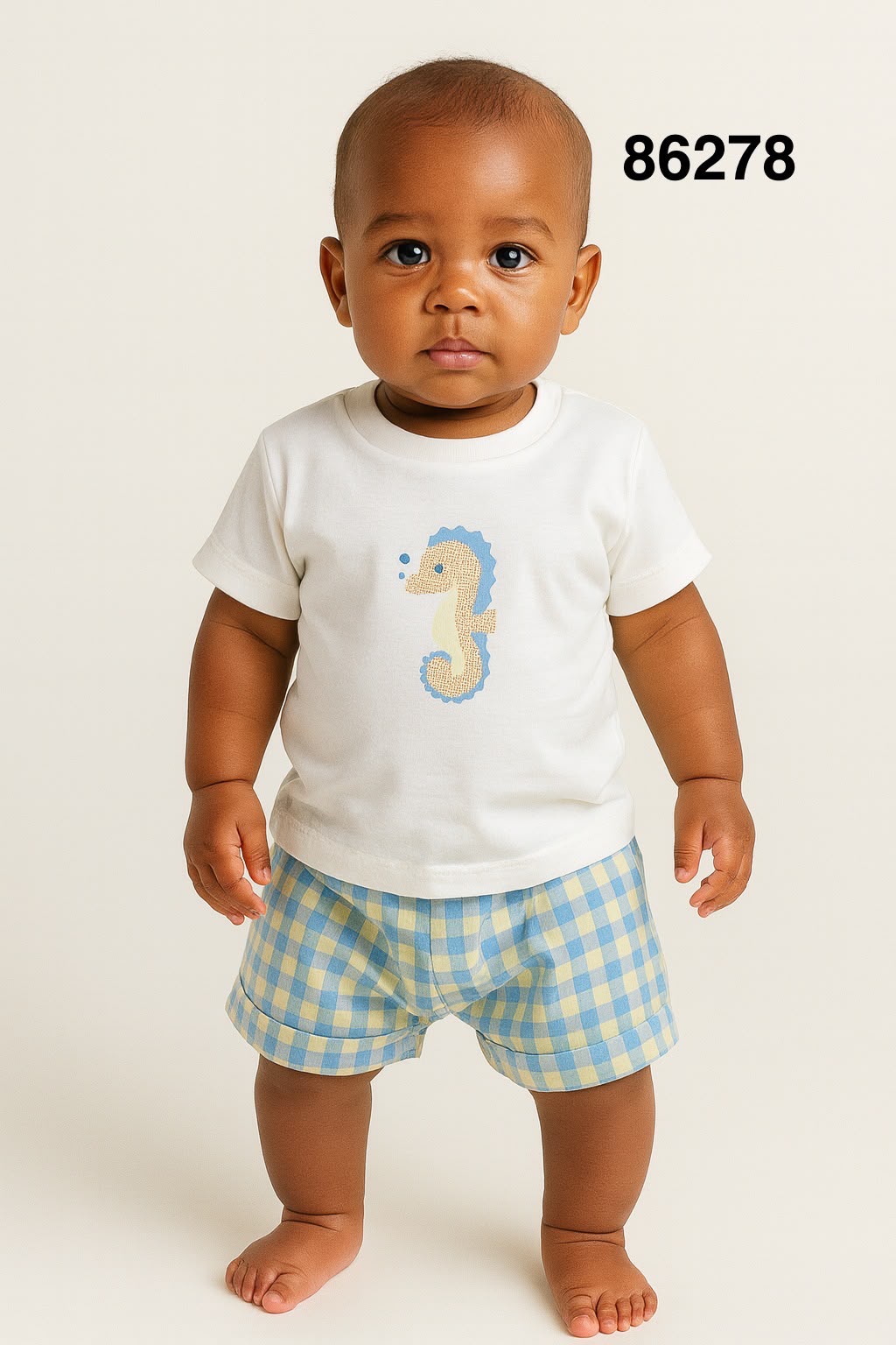 Set conjunto 2 piezas camisa beige caballo de mar short azul amarillo bebe niño 86278