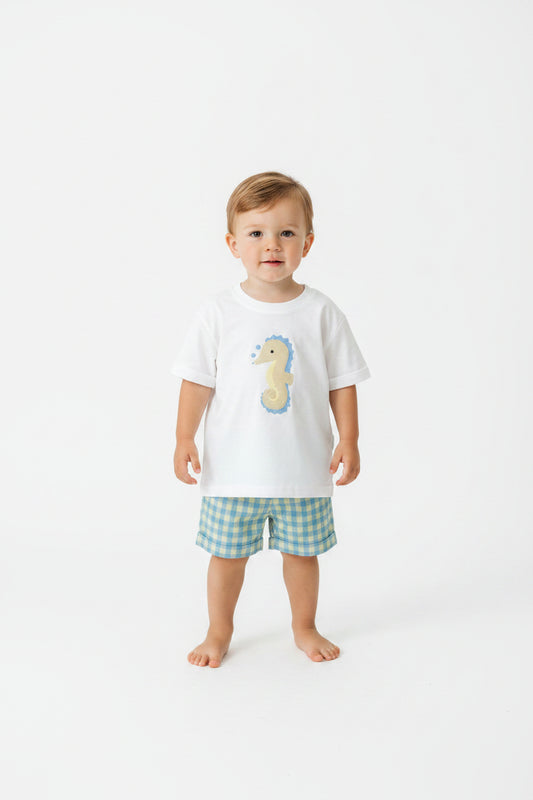 Set conjunto 2 piezas camisa blanca caballo de mar short azul amarillo bebe niño 86278