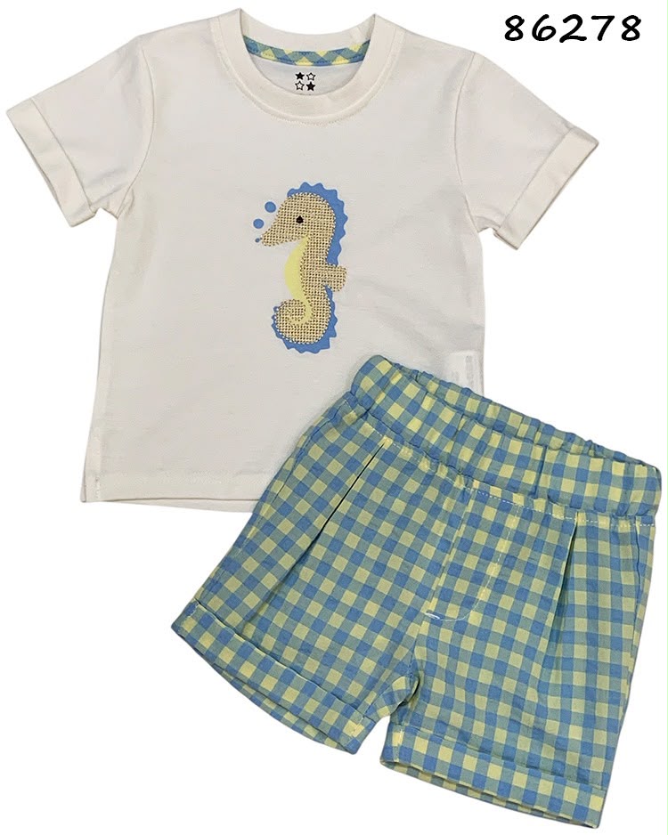 Set conjunto 2 piezas camisa beige caballo de mar short azul amarillo bebe niño 86278