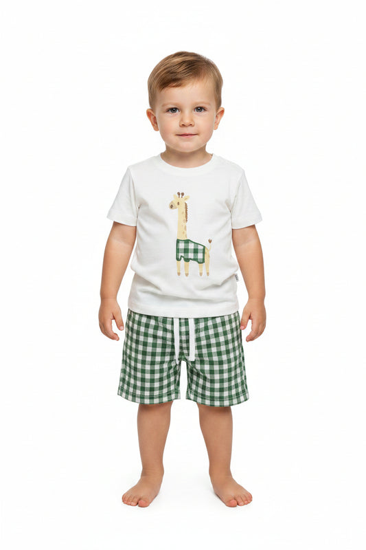 Set conjunto 2 piezas camisa beige jirafa short verde bebe niño 86285