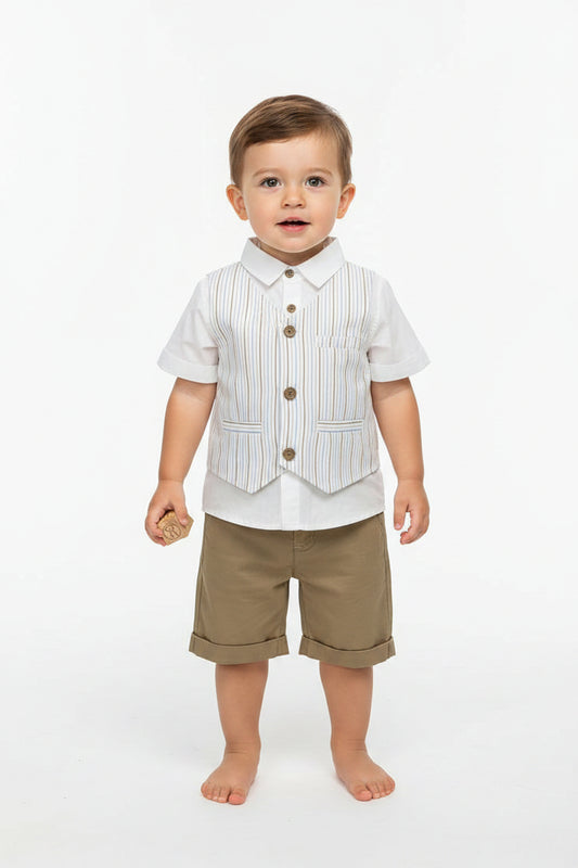 Set conjunto 2 piezas camisa blanca short cafe bebe niño 86298