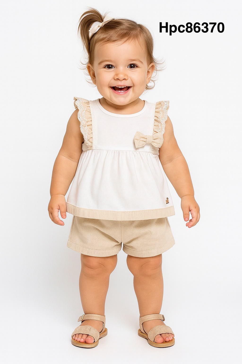 Set conjunto 2 piezas camisa short beige blanco bebe niña HPC86370