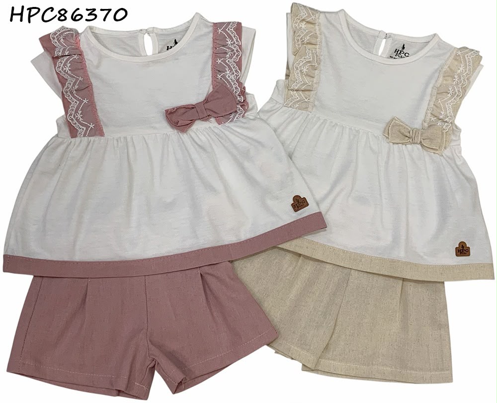 Set conjunto 2 piezas camisa short beige blanco bebe niña HPC86370