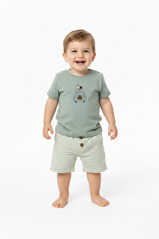Set conjunto 2 piezas camisa verde carrito short verde bebe niño HPC82658