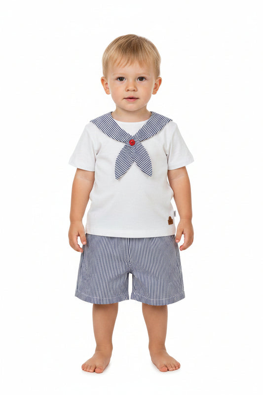 Set conjunto 2 piezas camisa blanca short azul oscuro bebe niño HPC86306