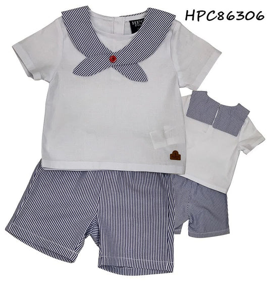 Set conjunto 2 piezas camisa blanca short azul oscuro bebe niño HPC86306