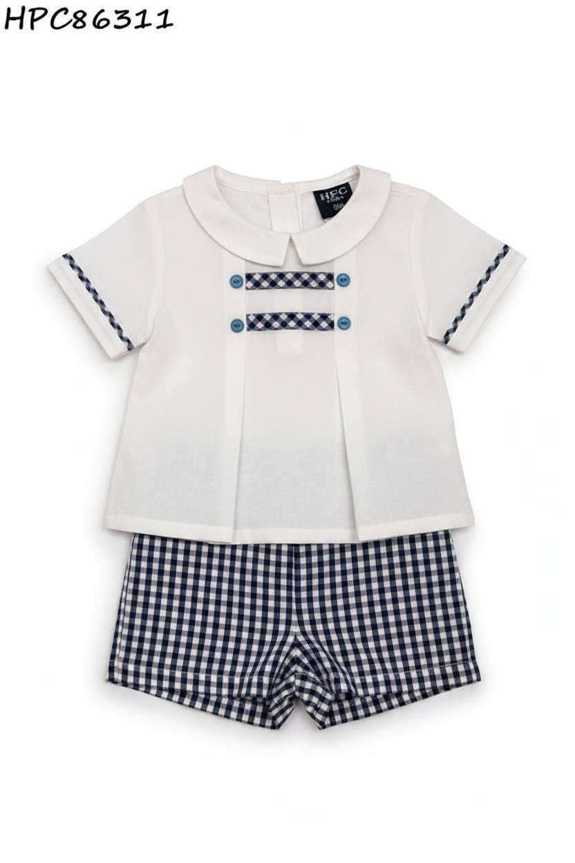 Set conjunto 2 piezas camisa blanca short azul oscuro polo HPC 86311 español