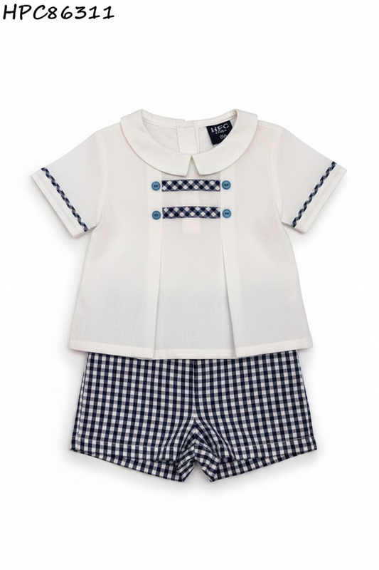 Set conjunto 2 piezas camisa blanca short azul oscuro polo HPC 86311 español
