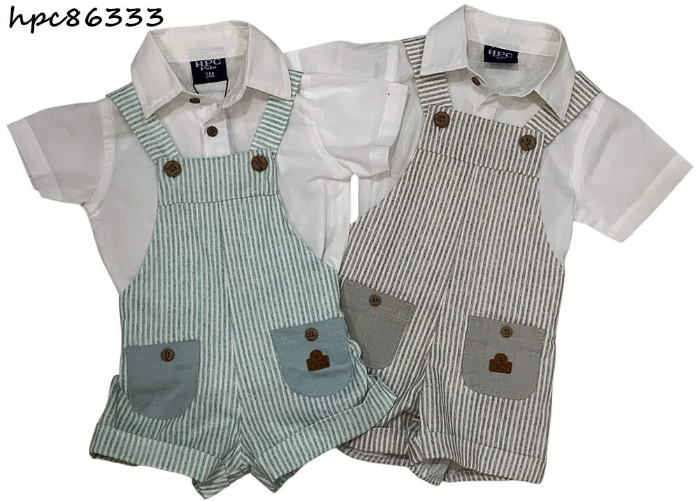 Set conjunto 2 piezas camisa blanca overall gris  bebe niño HPC86333