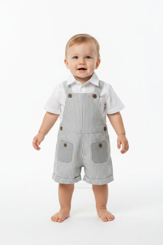 Set conjunto 2 piezas camisa blanca overall gris  bebe niño HPC86333