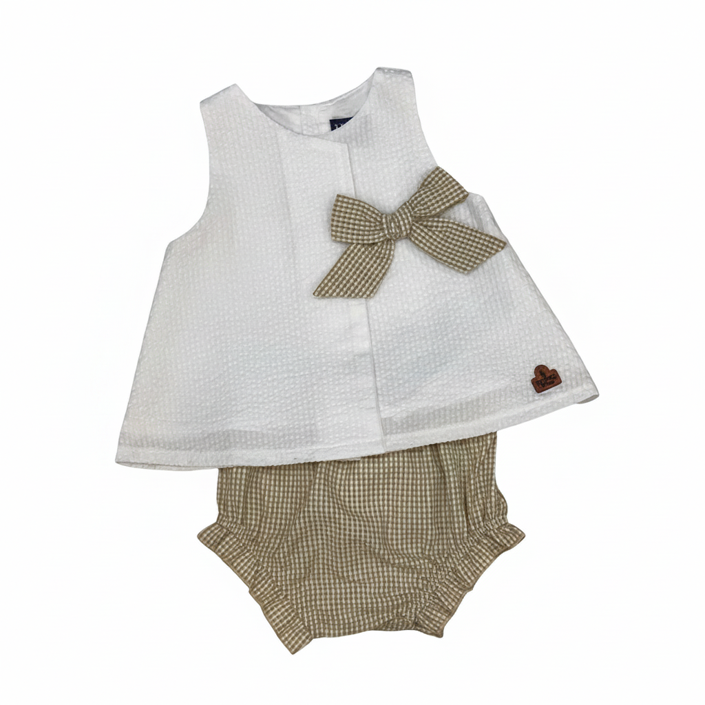 Set conjunto 2 piezas camisa blanca short beige bebe niña polo HPC 86363 española