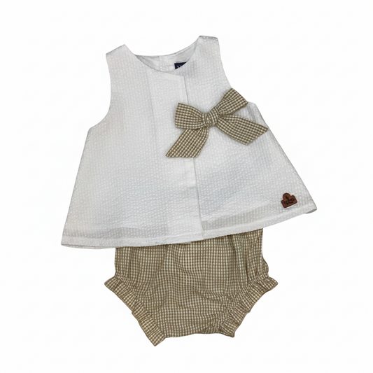 Set conjunto 2 piezas camisa blanca short beige bebe niña polo HPC 86363 española