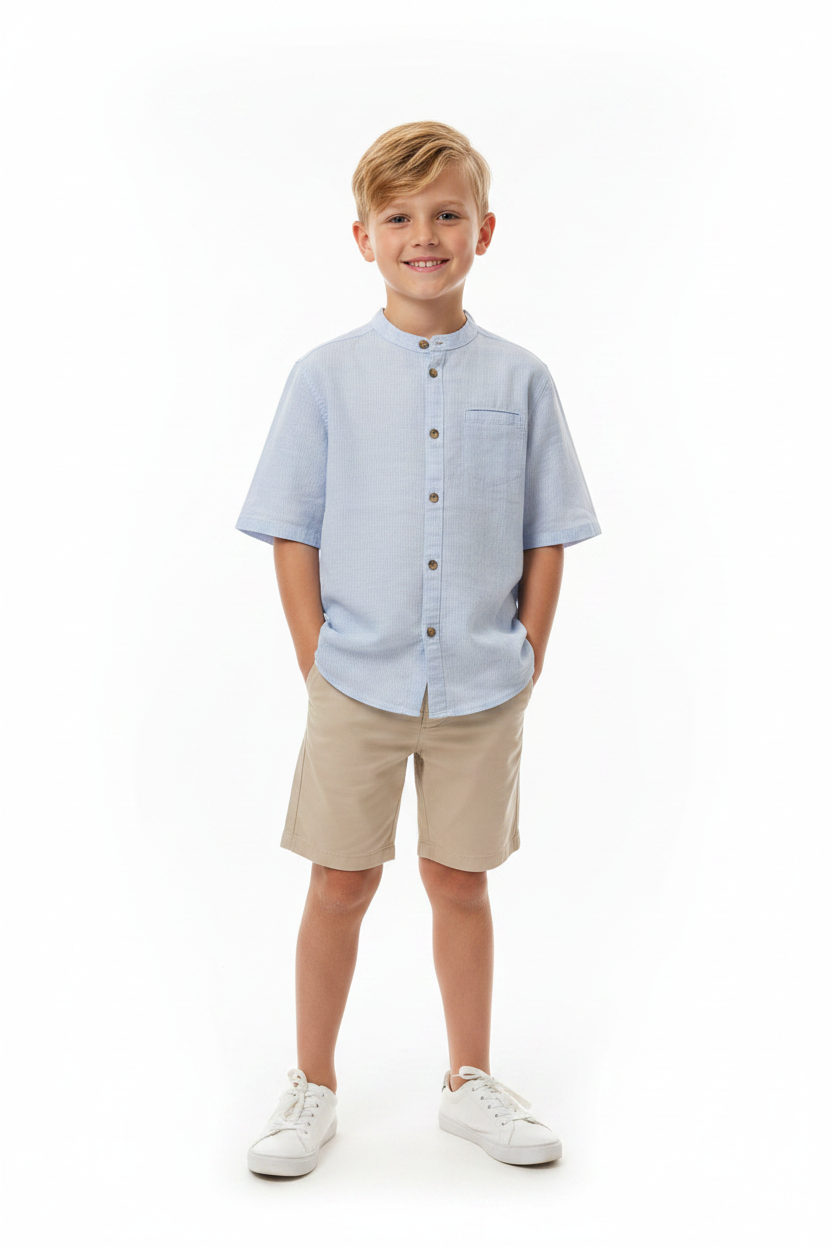 Camisa azul henley formal H&M niño botones manga corta